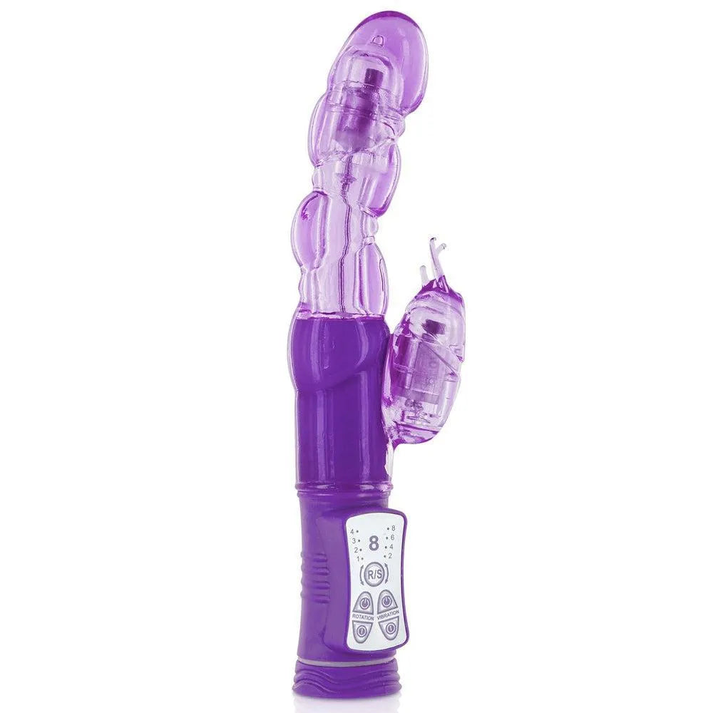 Vibromasseur rabbit violet à tête rotative, 32 programmes, USB, 22.5cm, ABS sans phtalate, deux moteurs indépendants.
