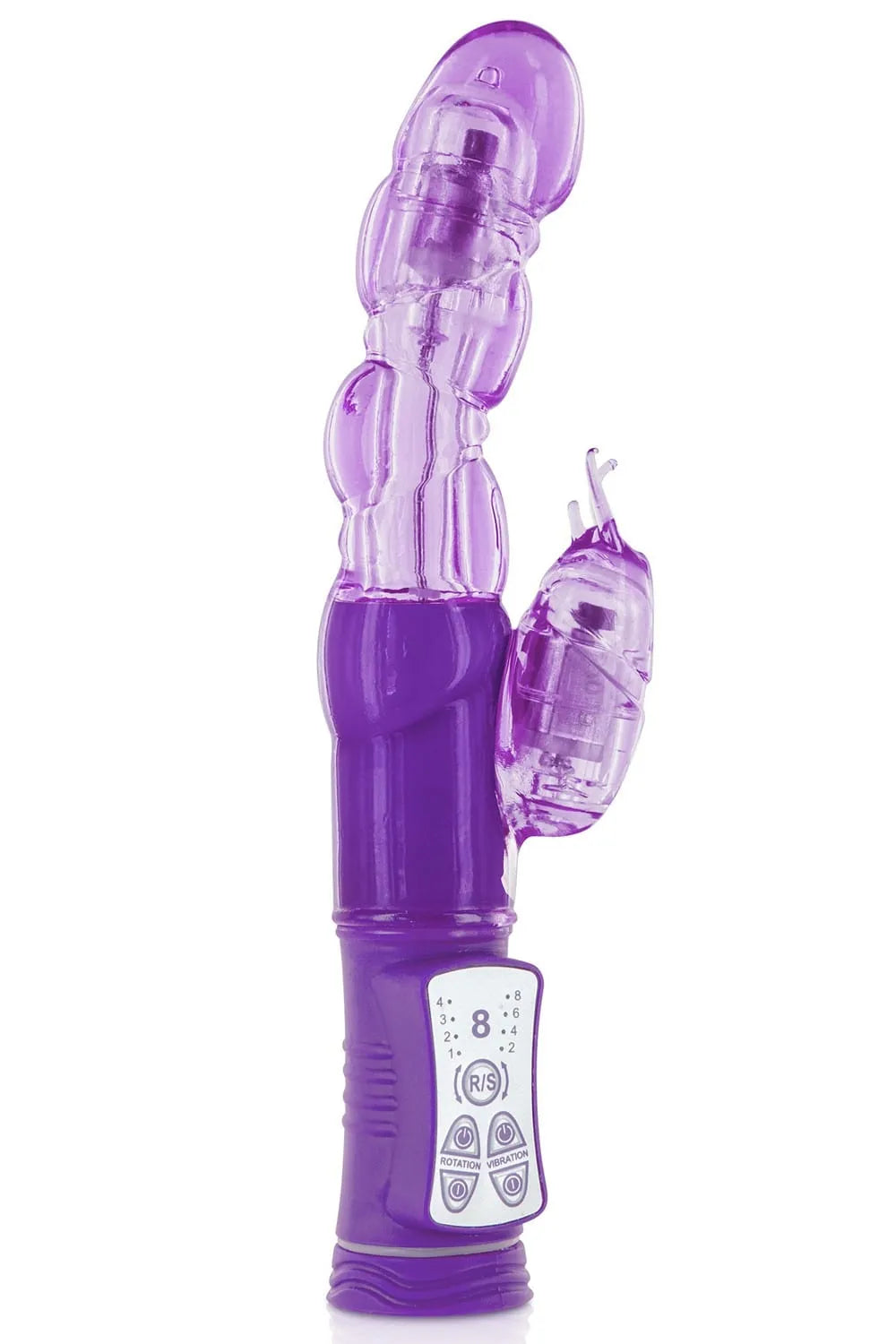 Vibromasseur rabbit violet à tête rotative, deux moteurs, 32 modes, USB, ABS sans phtalate, 22.5cm, splashproof.