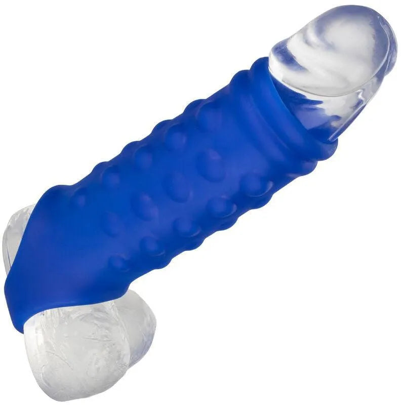 Cockring ergonomique bleu en silicone liquide, design texturé pour confort et plaisir, amplificateur intime innovant.