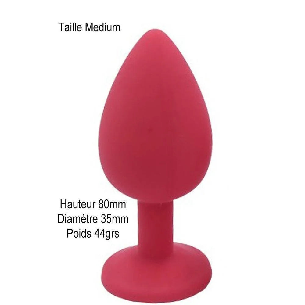 Plug anal rouge en silicone médical avec bijou cristal, taille medium, 8cm de hauteur, 3.5cm de diamètre.