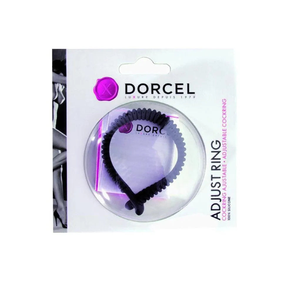 Anneau Cockring noir réglable en silicone, emballage Dorcel, pour érection renforcée et confort optimal.