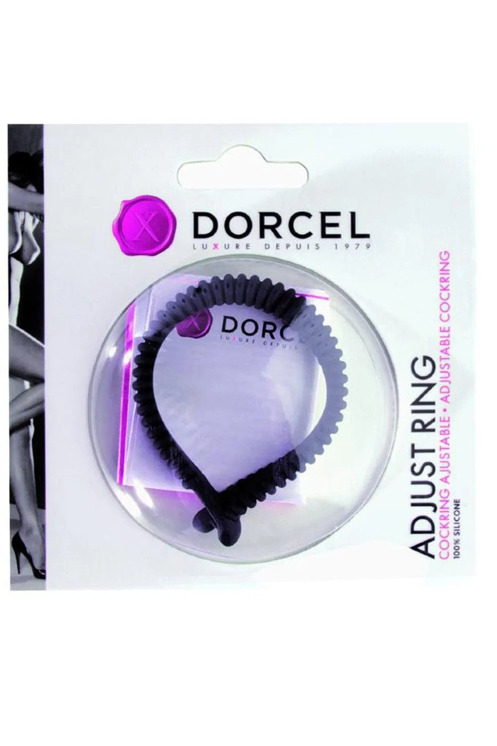 Anneau Cockring noir réglable en silicone, emballé, sur fond blanc avec détails violets, pour jeux coquins sécurisés.