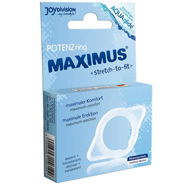 Anneau de virilité élastique transparent pour érections durables, forme anatomique, emballage bleu MAXIMUS.