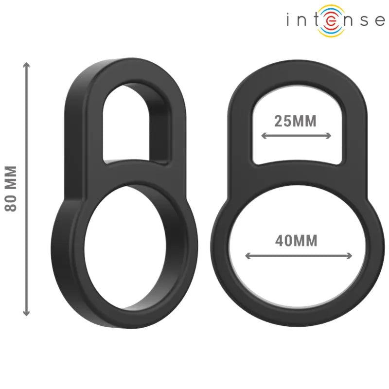 Anneau double silicone noir ergonomique, design sophistiqué, dimensions 25mm et 40mm, amélioration érection.