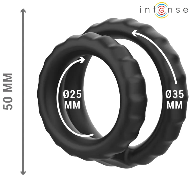 Anneau double silicone noir, deux tailles, design élégant, performance intime, confort et fermeté.