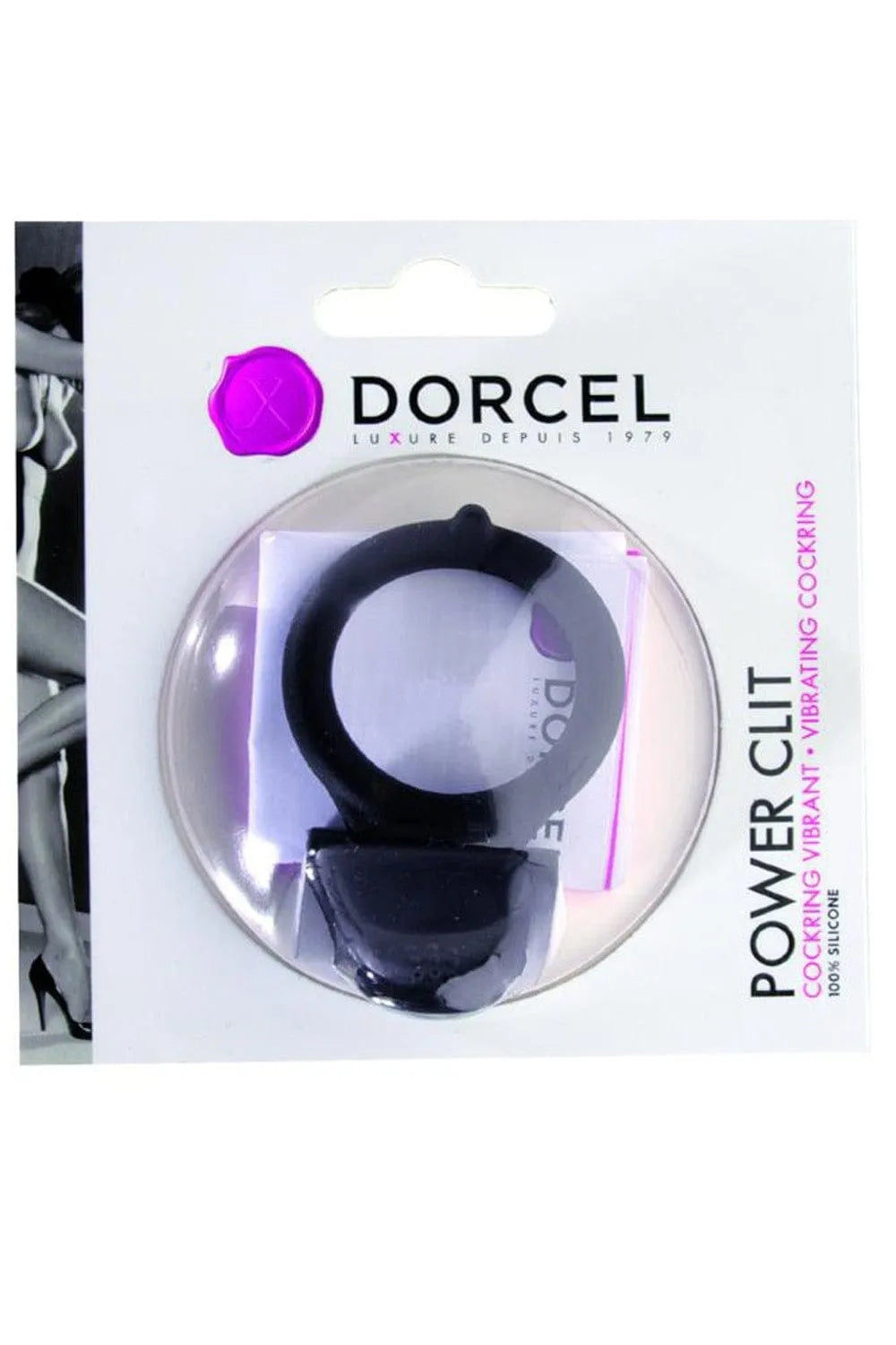 Anneau pénis noir vibrant en silicone avec languette clitoridienne, emballage Dorcel, 3,2 cm diamètre, piles incluses.