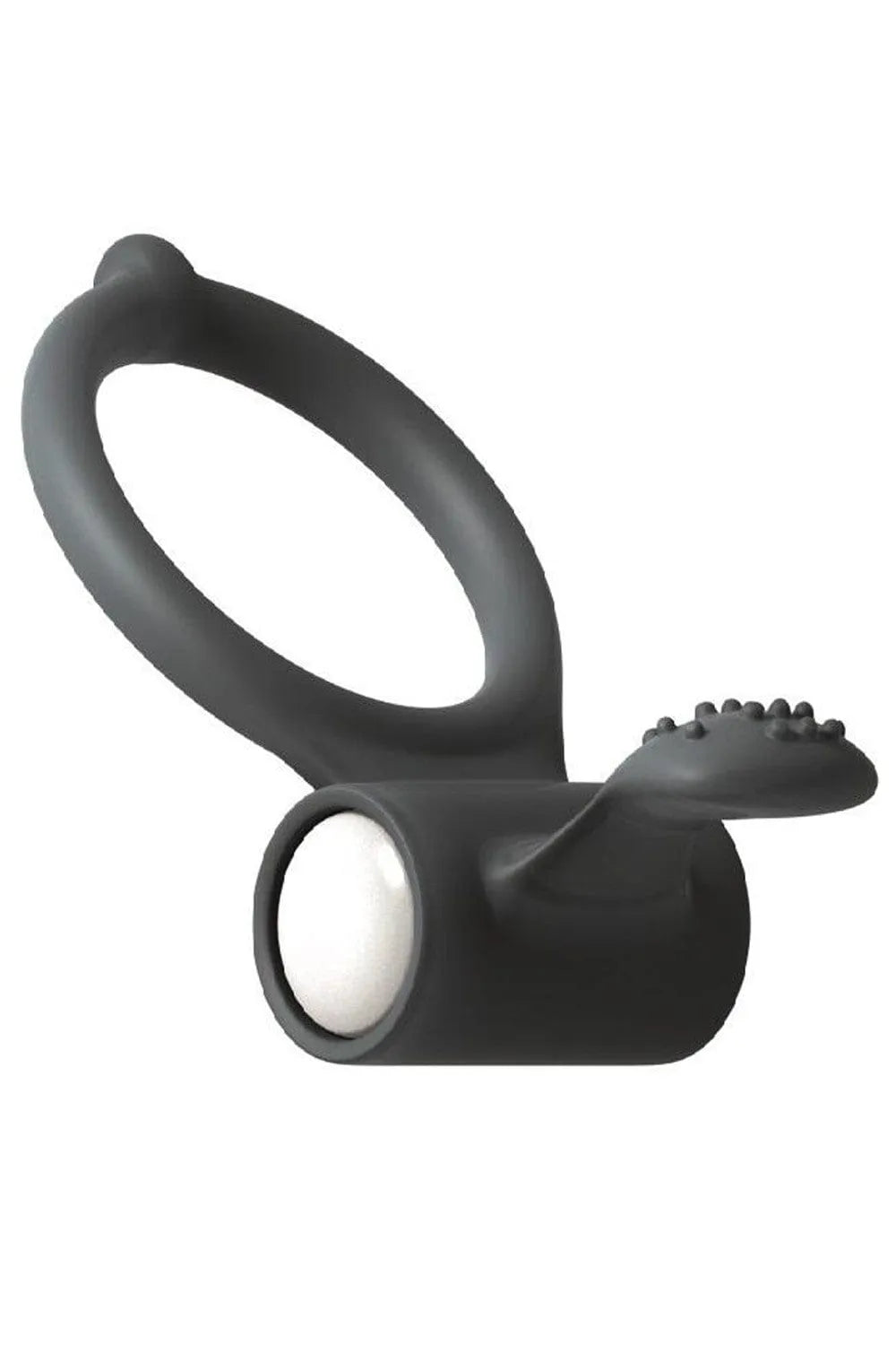 Anneau pénis noir en silicone avec languette clitoridienne, forme ergonomique, vibrations puissantes, piles incluses.