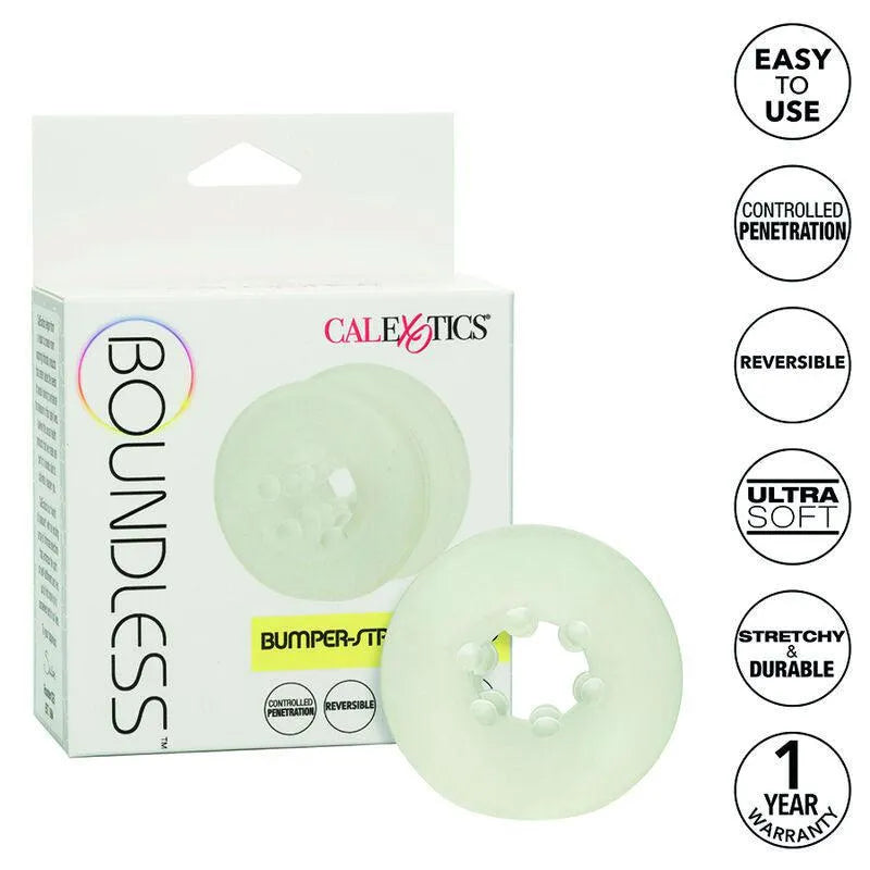 Anneau intime en silicone translucide, extensible et sans phtalates, avec boîte blanche et détails d'utilisation.