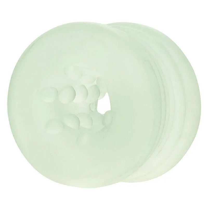 Anneau intime silicone transparent, extensible, sans phtalates, avec surface texturée pour confort et sécurité optimale.