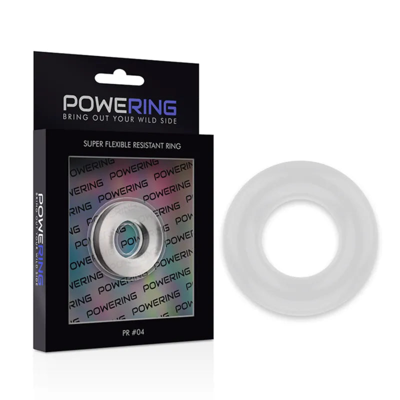 Anneau pénien hypoallergénique TPE transparent, forme circulaire, dans un emballage noir avec texte POWERRING.