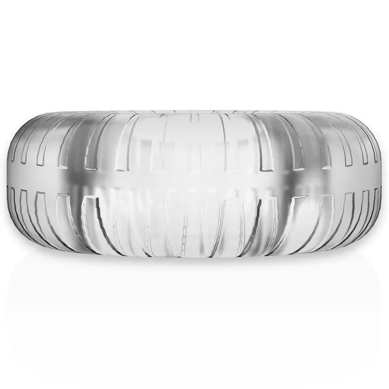 Anneau pénien transparent en TPE hypoallergénique, texture nervurée, améliore érection et confort, design ergonomique.