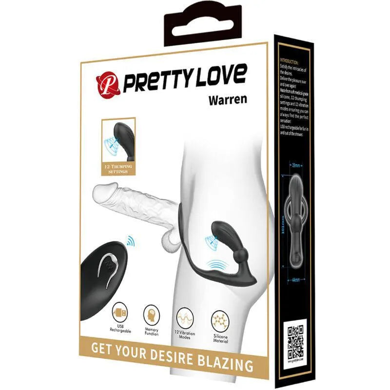 Anneau pénien et plug anal noir en silicone avec télécommande, 12 modes vibration, emballage illustré.