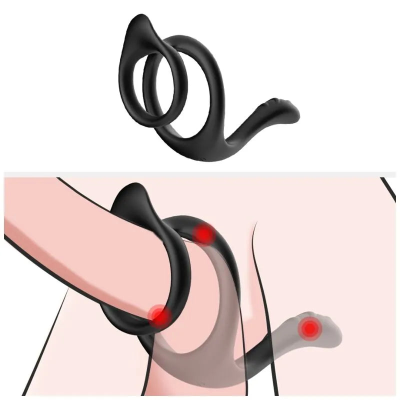 Anneau pénien ergonomique noir en silicone médical, design courbé pour confort et endurance, sur fond blanc.