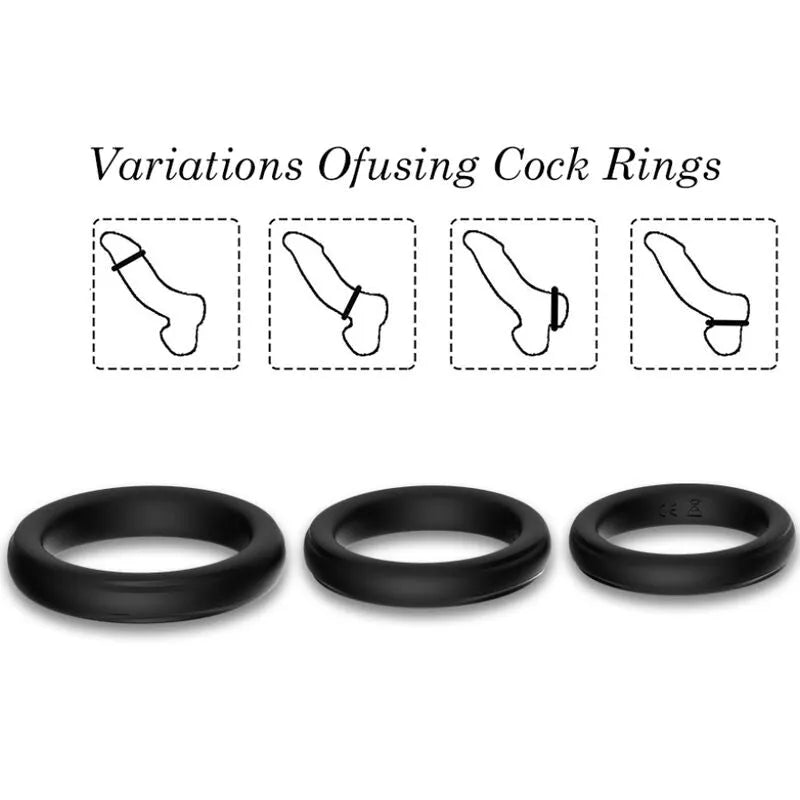 Anneau pénien silicone noir ergonomique, forme circulaire, qualité médicale, pour endurance et stimulation accrue.