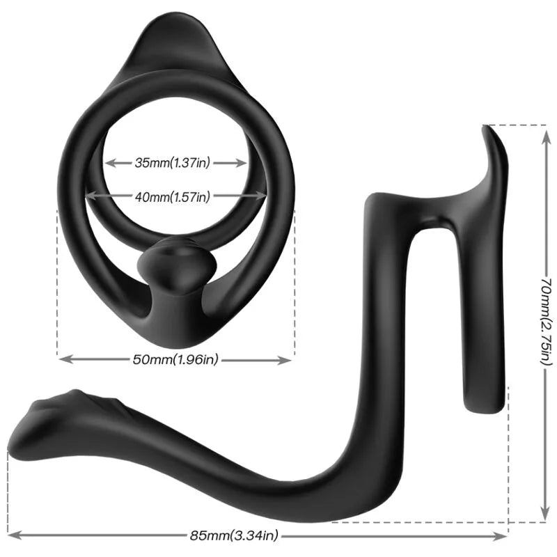Anneau pénien ergonomique en silicone noir, design innovant, dimensions détaillées, confort et performance optimisés.