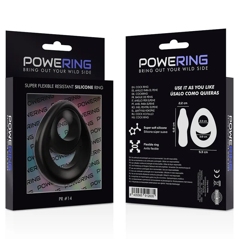 Anneau pénien noir en silicone hypoallergénique, forme ovale, dans un emballage Powering, améliore l'érection.