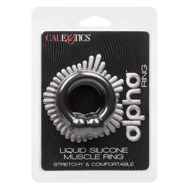 Anneau pénien noir en silicone liquide ultra-extensible, forme circulaire, sur fond d'emballage noir et blanc.