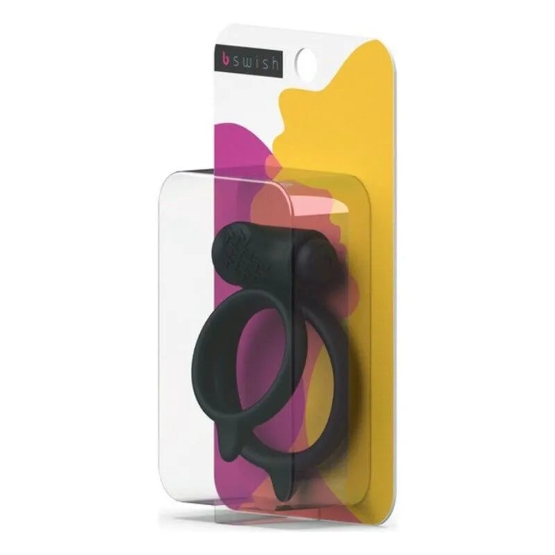 Anneau pénien noir texturé en silicone avec 5 niveaux de vibration, emballé dans une boîte colorée.