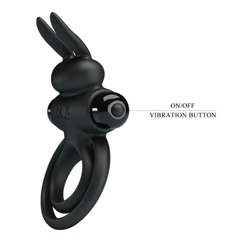 Anneau pénien noir en silicone avec oreilles vibrantes, design ergonomique pour stimulation clitoridienne et érection ferme.
