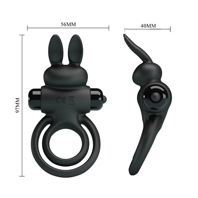 Anneau pénien noir en silicone avec vibrations, design ergonomique, stimulation clitoridienne, dimensions visibles.