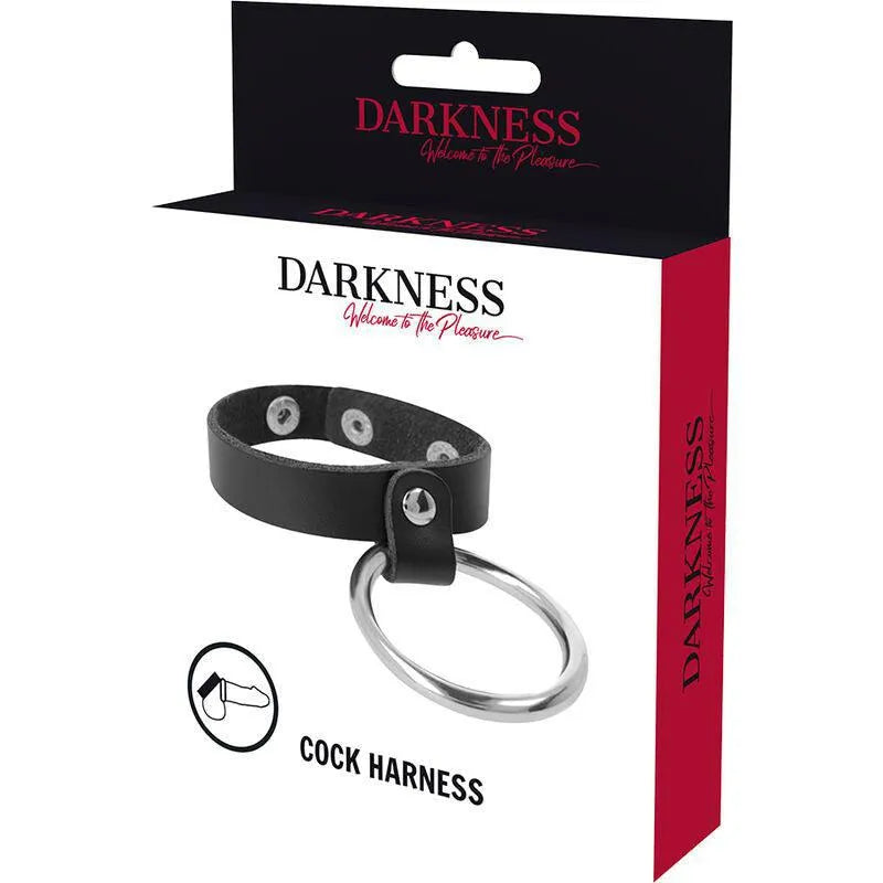 Anneau pénien testiculaire en métal noir, design BDSM, sur fond blanc, emballage élégant avec logo Darkness.