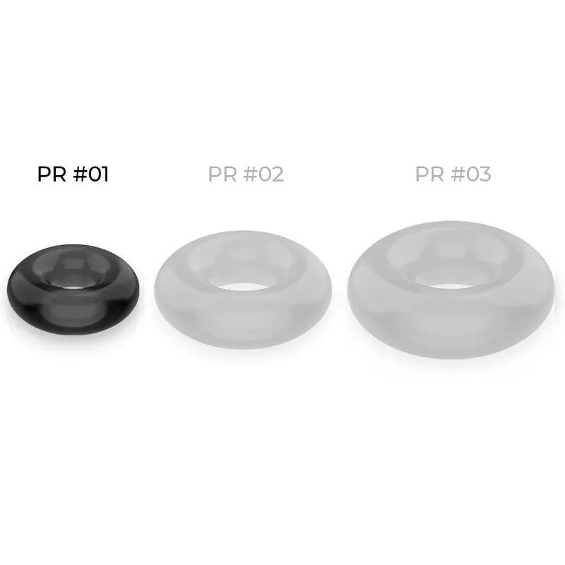 Anneau pénien TPE hypoallergénique noir et transparent, forme circulaire, confort longue durée, trois tailles disponibles.
