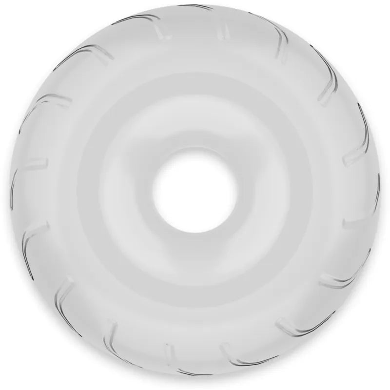 Anneau pénien hypoallergénique transparent en TPE, forme circulaire, texture douce et lisse pour performances prolongées.
