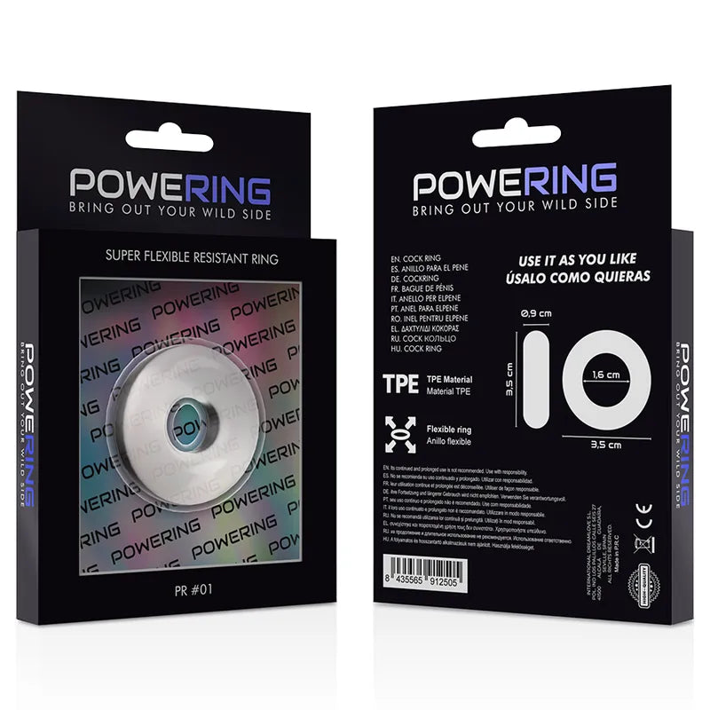 Anneau pénien TPE hypoallergénique Powering, transparent, dans emballage noir, design innovant pour plaisir prolongé.