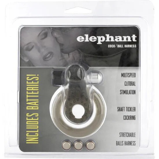 Anneau pénien vibrant noir avec stimulateur clitoridien éléphant, emballage inclus, batteries fournies.
