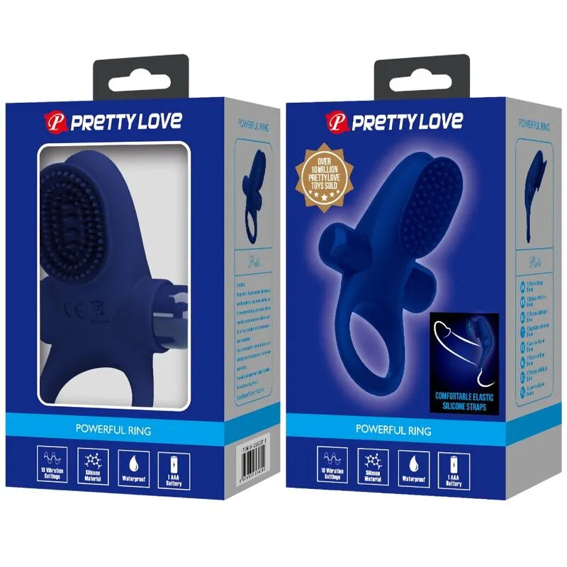 Anneau pénien vibrant bleu en silicone avec modes de vibration, dans un emballage élégant, pour intensifier le plaisir.