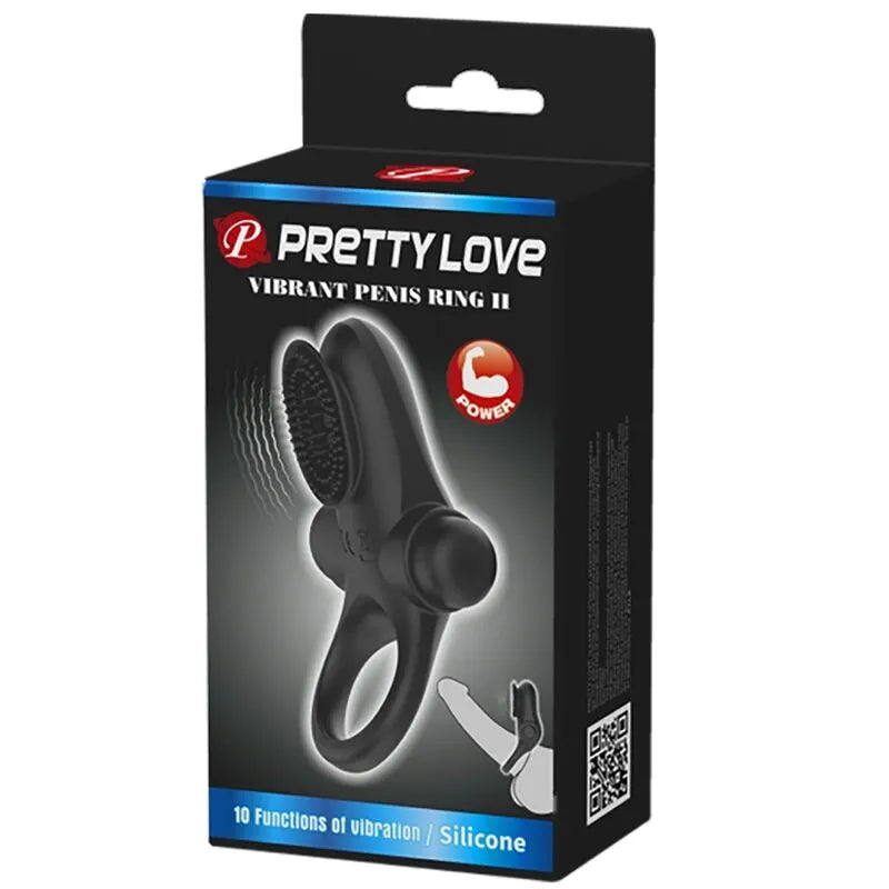 Anneau pénien vibrant noir en silicone avec boîte, 10 modes de vibration, design ergonomique pour stimulation optimale.