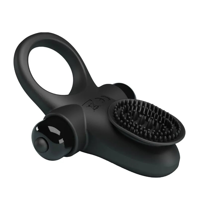 Anneau pénien vibrant noir en silicone, design ergonomique, surface texturée, pour stimulation et érection prolongée.