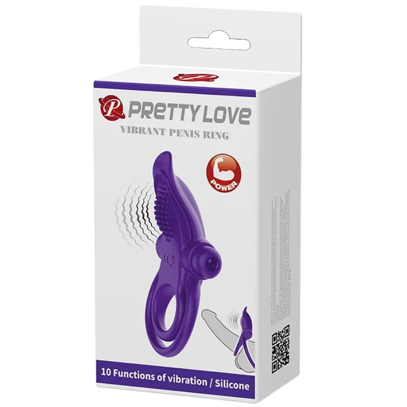 Anneau pénien vibrant violet en silicone avec 10 modes, sur fond blanc, dans un emballage élégant.