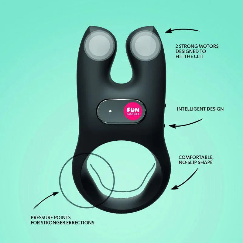 Anneau pénien vibrant noir avec moteurs puissants, design ergonomique pour stimulation simultanée du pénis et clitoris.