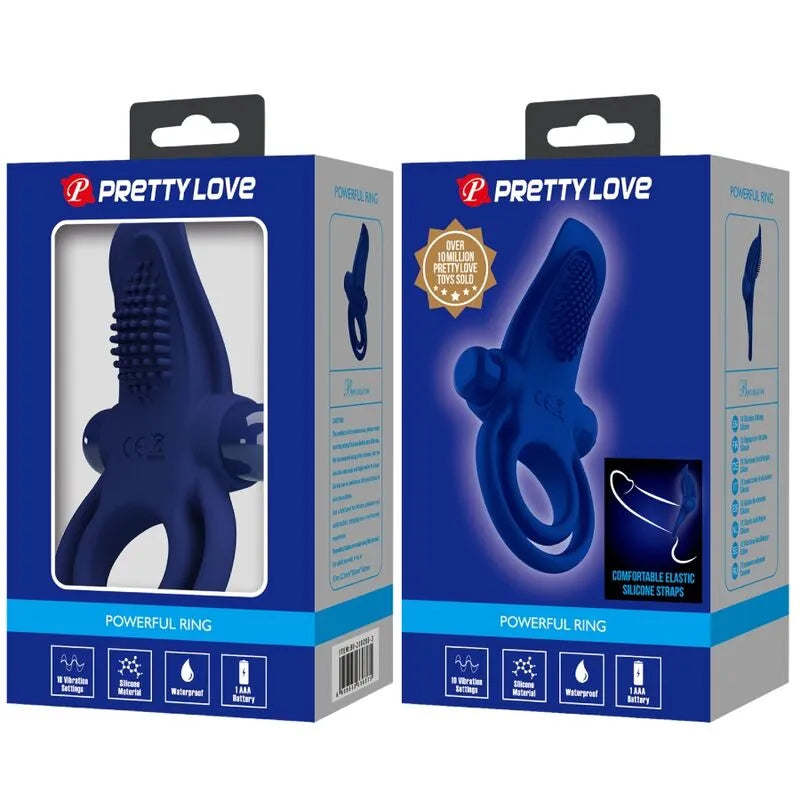 Anneau pénien vibrant bleu en silicone, 10 modes, dans emballage, design ergonomique, intensifie moments intimes.