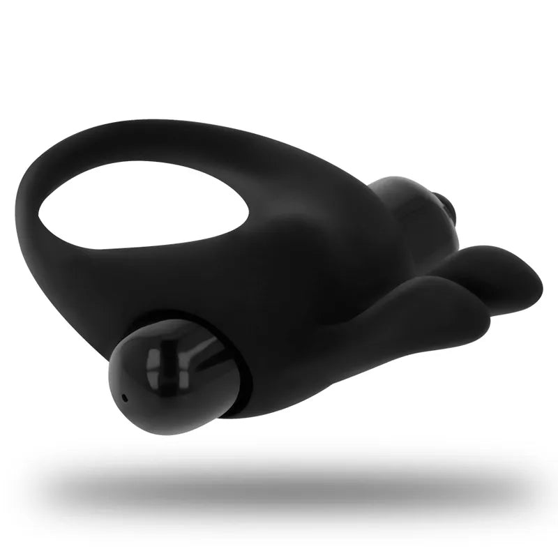 Anneau pénien vibrant noir en silicone avec lapin stimulant, design ergonomique pour double plaisir intime.