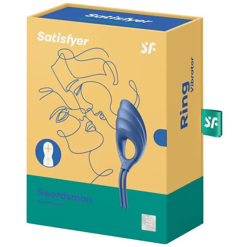 Anneau pénien vibrant bleu en silicone réglable, design ergonomique, dans une boîte jaune et bleue avec illustrations.