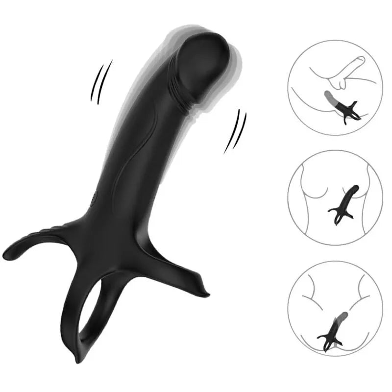 Anneau vibrant noir en silicone, forme ergonomique, 9 modes de vibration, étanche, rechargeable USB, plaisir personnalisé.