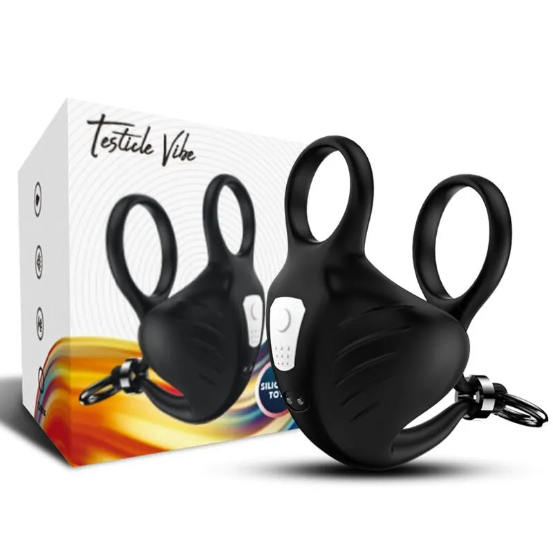 Anneau pénien vibrant noir en silicone avec 9 modes, rechargeable USB, présenté devant sa boîte colorée.