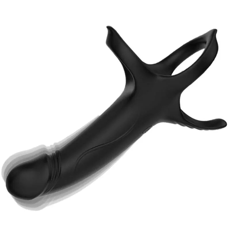 Anneau vibrant noir en silicone étanche, forme ergonomique, 9 modes de vibration, rechargeable USB, plaisir personnalisé.