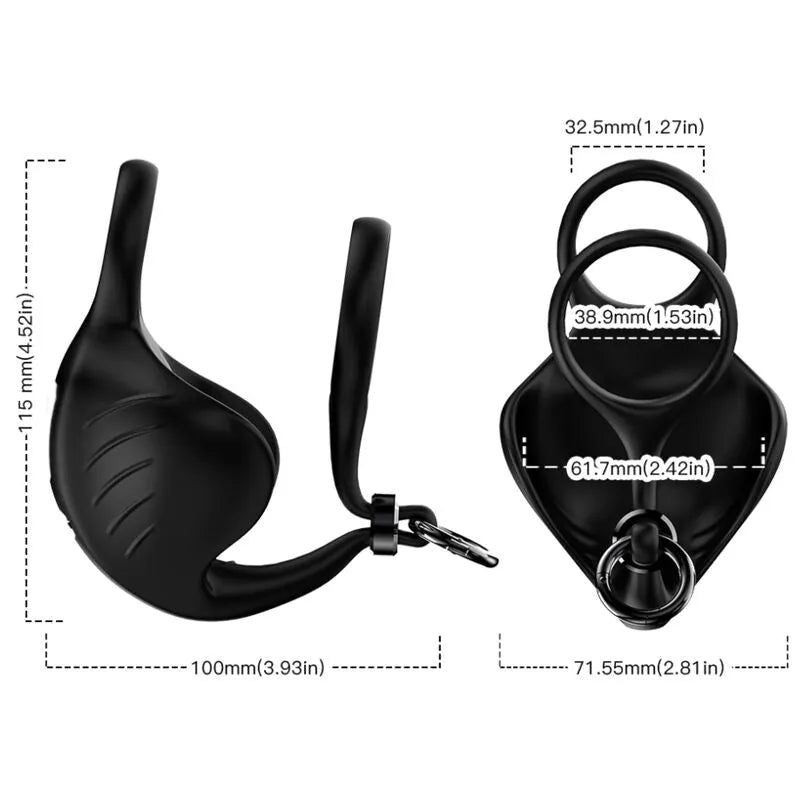 Anneau pénien vibrant noir en silicone, étanche, rechargeable, avec 9 modes, dimensions détaillées en millimètres.