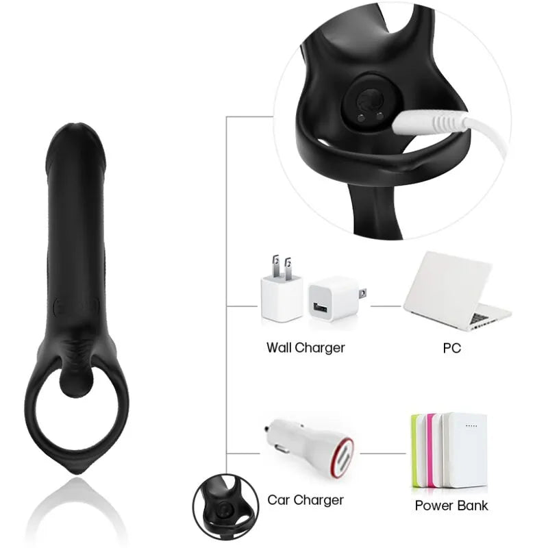 Anneau vibrant noir en silicone étanche avec recharge USB, 9 modes de vibration, design ergonomique et élégant.