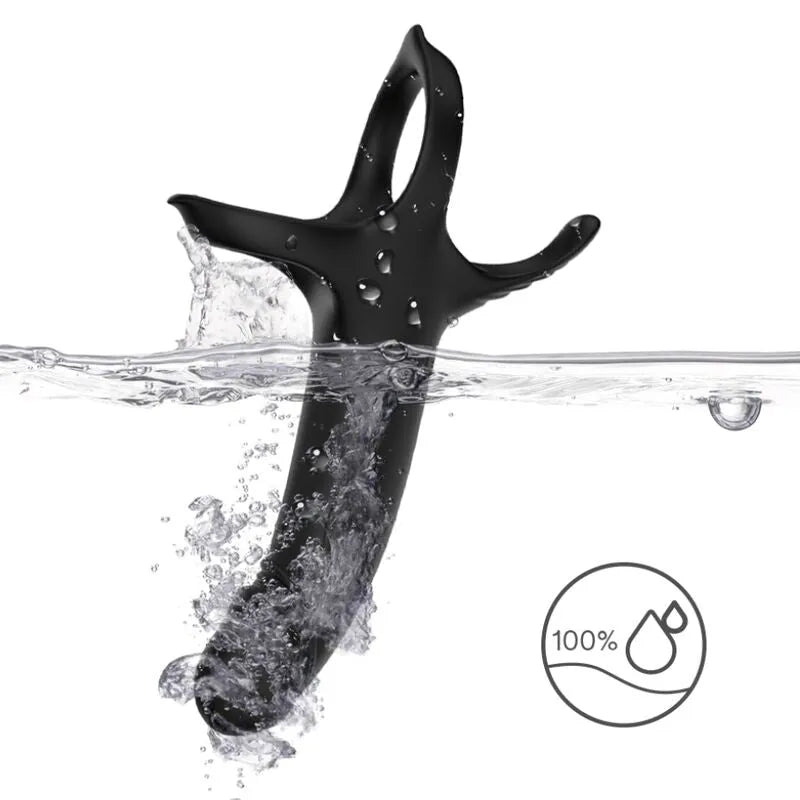 Anneau vibrant noir en silicone étanche, design ergonomique, 9 modes vibration, rechargeable USB, immersion totale.