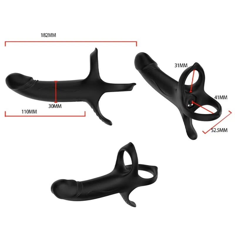 Anneau vibrant noir en silicone étanche, formes ergonomiques, 9 modes, recharge USB, dimensions indiquées.