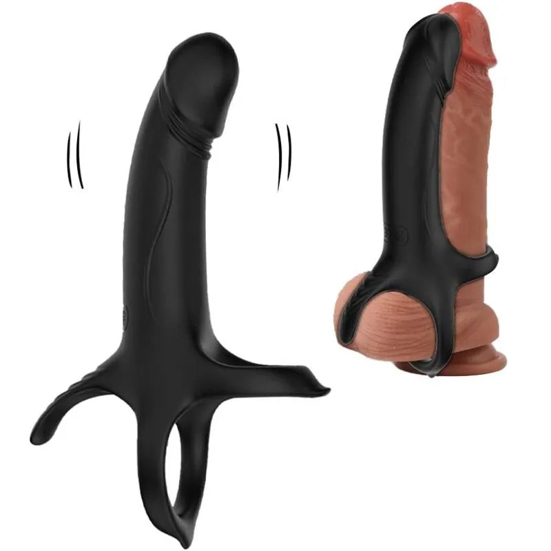 Anneau vibrant noir en silicone étanche, design ergonomique, 9 modes de vibration, rechargeable USB, luxe et sécurité.