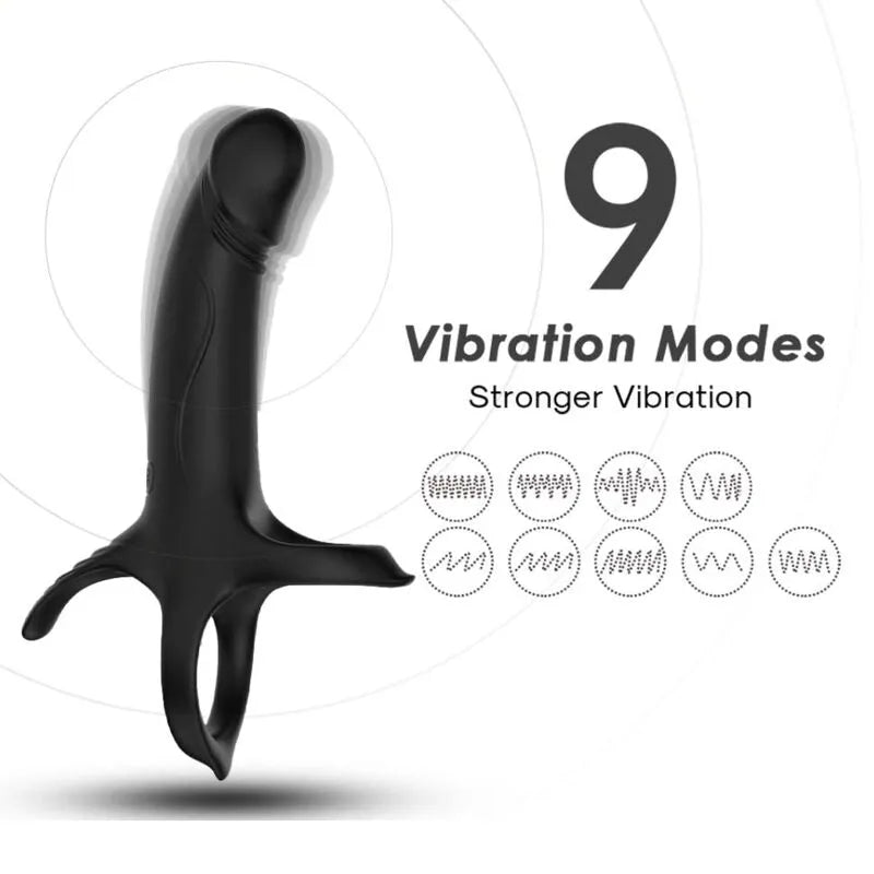 Anneau vibrant noir en silicone avec 9 modes de vibration, design ergonomique, rechargeable USB, étanche.