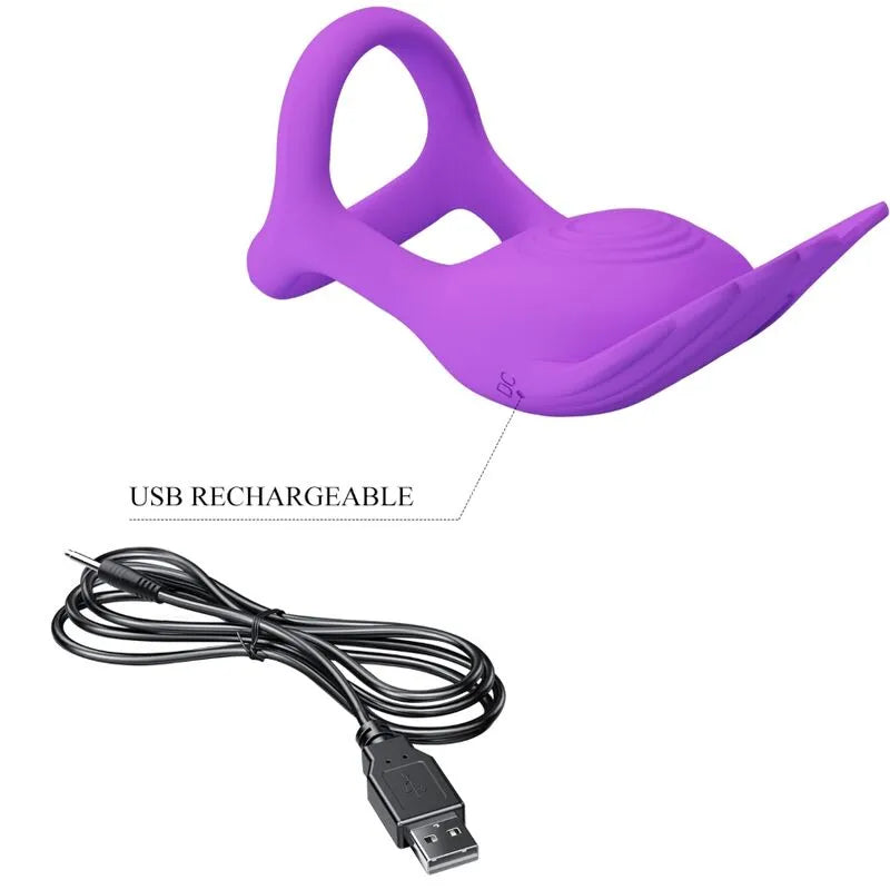 Anneau pénien violet en silicone avec 7 modes de vibration, forme ergonomique, rechargeable par USB.