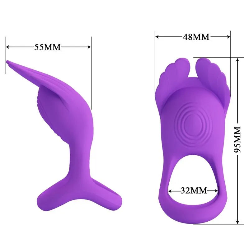 Anneau pénien vibrant violet en silicone, 7 modes, design ergonomique, dimensions indiquées, stimulation intense.