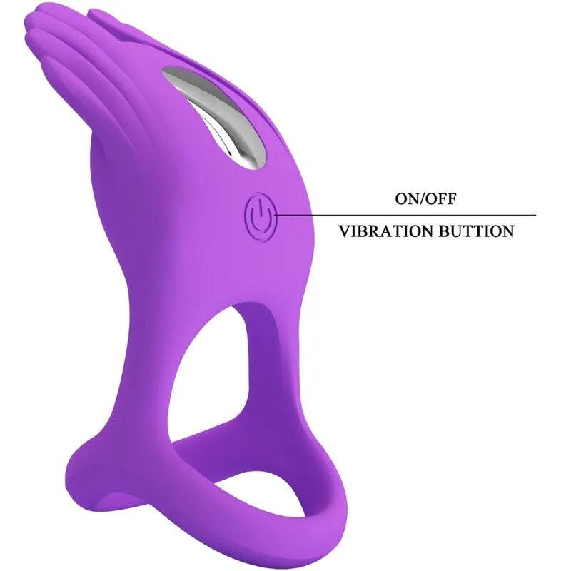 Anneau pénien vibrant violet en silicone avec 7 modes, design ergonomique, bouton on/off visible.