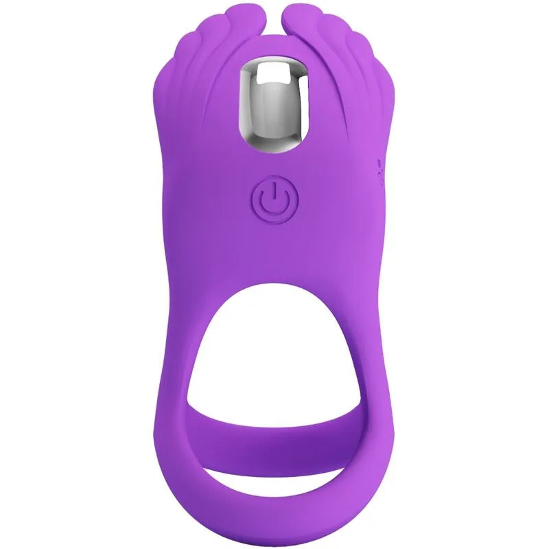 Anneau pénien vibrant violet en silicone avec 7 modes, design ergonomique, bouton central et vibrateur intégré.